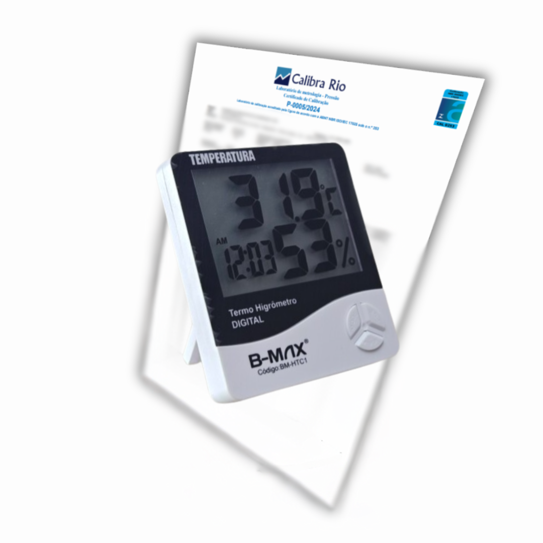 Termohigrômetro Digital B-Max HTC1 de -10ºC a 50ºC - Acompanha Certificado de Calibração Com Selo de Acreditação RBC